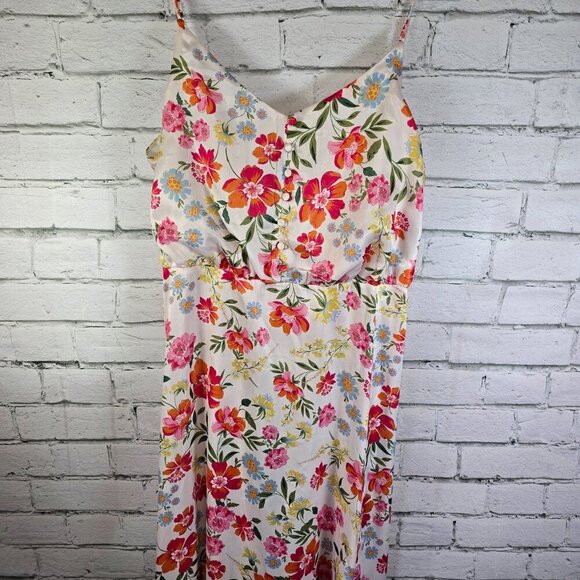 NEXT LEVEL FLORAL SATIN SLIP DRESS , LINED, MIDI LENGTH LIKE NEW WOMENS SIZE 12 - Picture 1 of 5